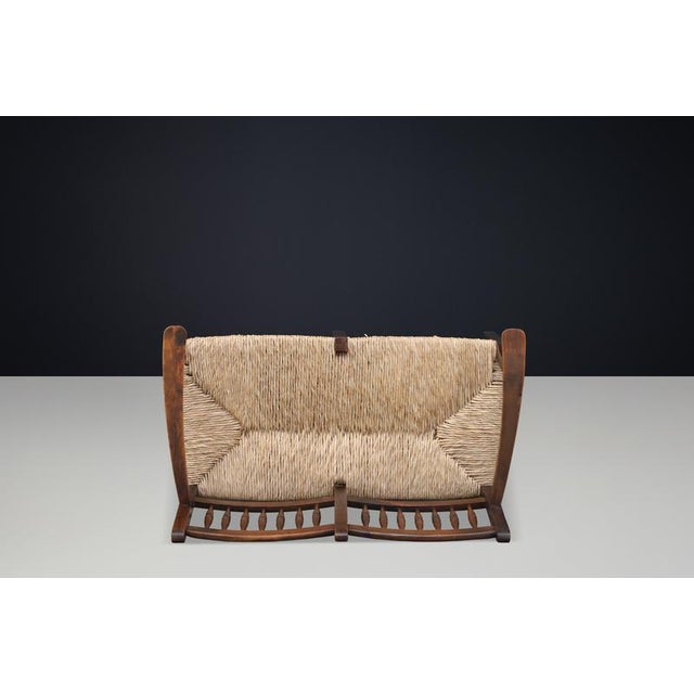 French Patinated Beech and Rush 2-Seat Bench, France, 1950s For Sale - Image 6 of 11
