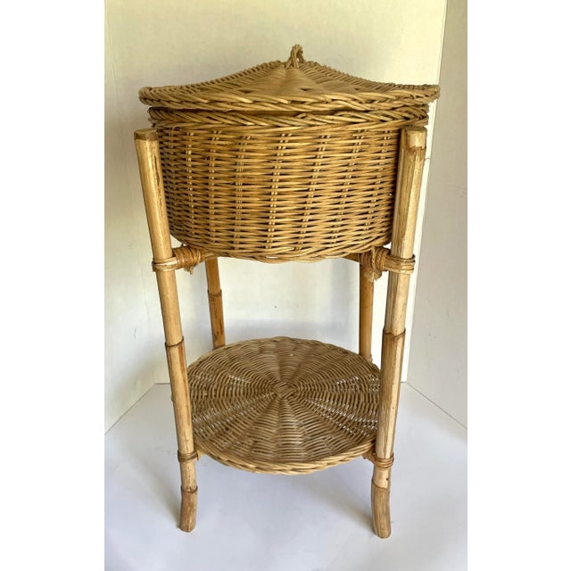 Contemporary Woven Natural Wicker and Bamboo Lidded Knitting Basket Rack For Sale - Image 3 of 12