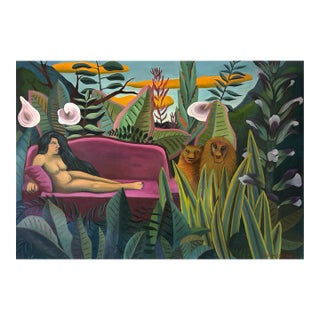 Marc Zimmerman "Homage to Rousseau" Oil Painting, Jungle Fantasy, Reclining Nude With Lion, Magenta Sofa, Contemporary Art West Coast For Sale