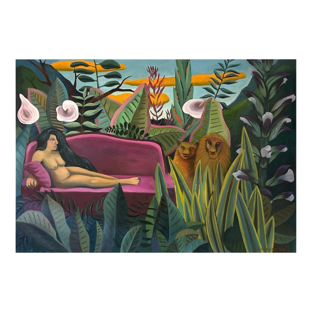 Marc Zimmerman "Homage to Rousseau" Oil Painting, Jungle Fantasy, Reclining Nude With Lion, Magenta Sofa, Contemporary Art West Coast For Sale