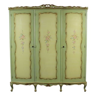 Venetian Baroque Green Lacquered Hand-Painted Floral Three-Door Wardrobe, 1950s For Sale