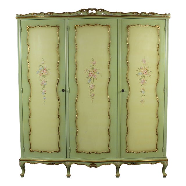 Venetian Baroque Green Lacquered Hand-Painted Floral Three-Door Wardrobe, 1950s For Sale