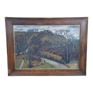 Mid 20th Century Mid Century Bernie Segal Realist Woodland Fall Landscape Oil Painting Figures, Framed For Sale