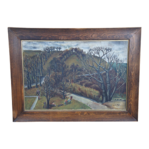 Mid 20th Century Mid Century Bernie Segal Realist Woodland Fall Landscape Oil Painting Figures, Framed