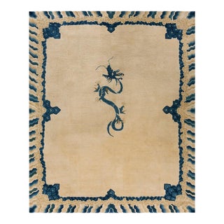 1890s Ivory Blue Tan Antique Chinese Peking Dragon Carpet 8' X 9'8" Wool Rug For Sale