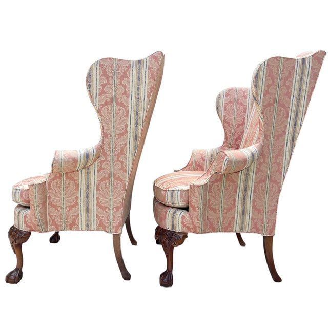 Southwood & Co. Vintage Southwood Queen Anne Wingback Lounge Chairs With Carved Claw Feet – Pair For Sale - Image 4 of 10
