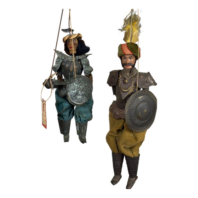 Sicilian Puppet Marionettes in Brass and Wood by Francesco Montoro, 20th Century, Set of 2 For Sale