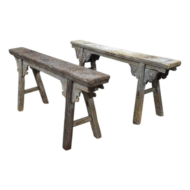 Pair of 1910s Chinese Provincial Weathered Elm Benches With Carved Brackets For Sale