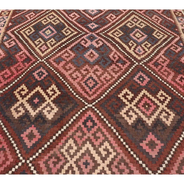 Islamic All-Over Design Hand Woven Kilim Geometric Diamond Design in Brown, Pink, and Tan For Sale - Image 3 of 13