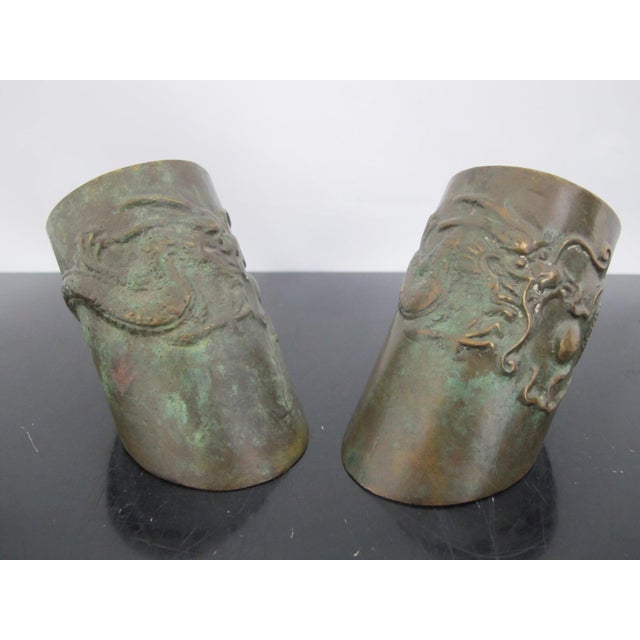 Chinese Chinese Bronze Dragon With Pearl Hoof Shaped Brush Cup Paperweight Pair For Sale - Image 3 of 18