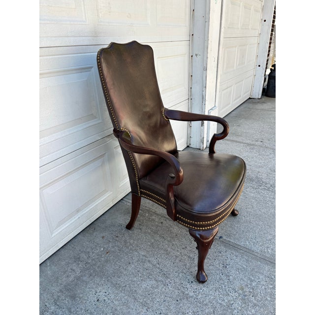 Vintage Hickory Chair Leather Library Armchair | English Georgian Queen Anne Style Accent Chair For Sale - Image 11 of 12