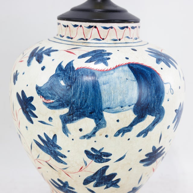 Pair of Vintage Brunschwig & Fils Cadiz Table Lamps - Blue and Cream Ceramic With Boar and Deer Motif For Sale - Image 4 of 17