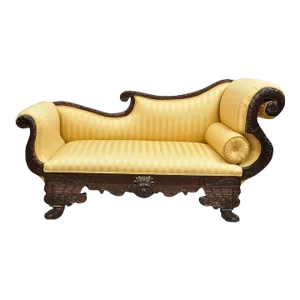 Late 19th Century Antique American Empire Figural Carved Mahogany Recamier Gold Chaise Lounge Sofa