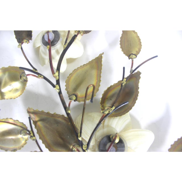 Torch Cut Brass Leaf and Shell Flower Wall Art Hollywood Recency Mid 20th Century - Set of 2 For Sale - Image 11 of 12