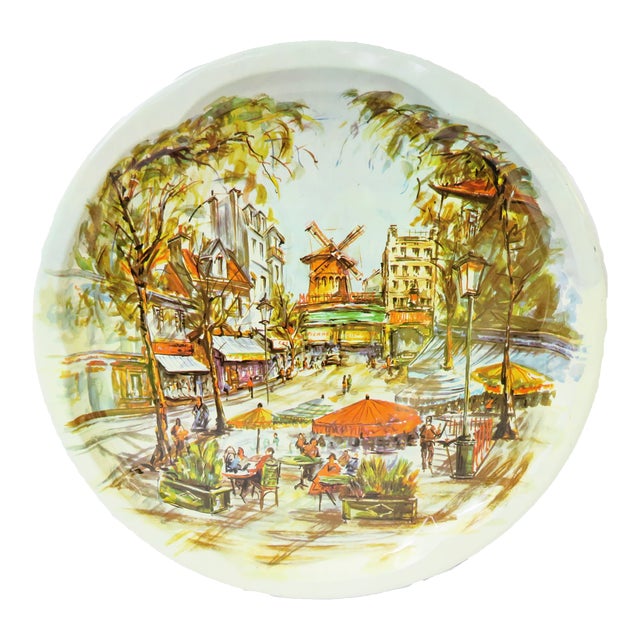 English Daher Tole Metal Tray - Montmartre / Moulin Rouge Paris Scene For Sale