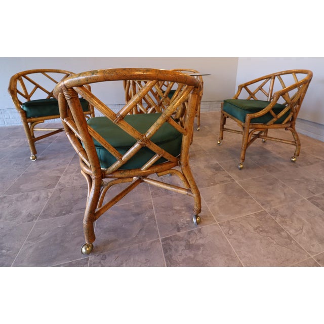 Mid-Century Hollywood Regency Rattan Dining Set With Brass Casters, Attributed to Ficks Reed For Sale - Image 6 of 15