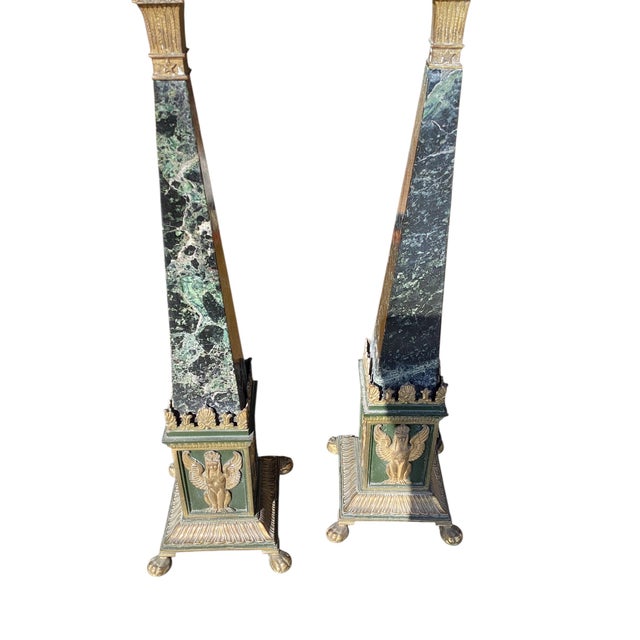Pair of Signed Oscar Bruno Bach Neo Classical Style Marble and Bronze Lamps. Green marble tapering columns sit atop square...