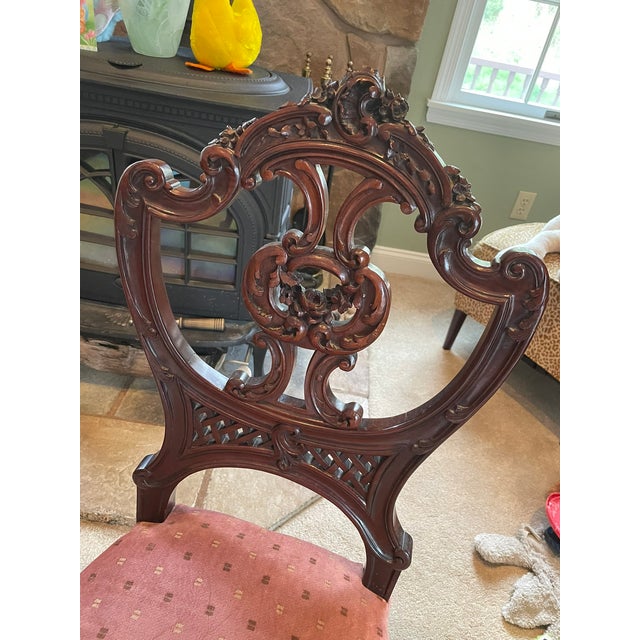 Wood Late 19th Century Victorian Mahogany Parlor Chairs – Carved Elegance With Tapestry Charm (Pair) For Sale - Image 7 of 10