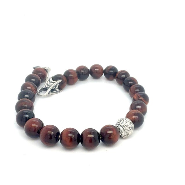 1990s David Yurman Tiger Eye Carved Ball Bracelet 8" 8 mm Sterling Silver Estate For Sale - Image 4 of 6