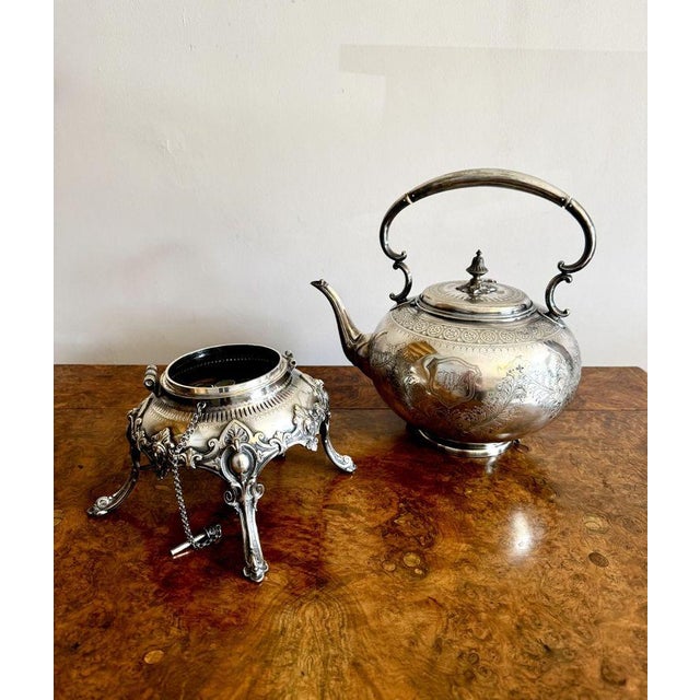 1900 - 1909 Antique Edwardian Silver-Plated Spirit Kettle on Stand, 1900, Set of 3 For Sale - Image 5 of 7