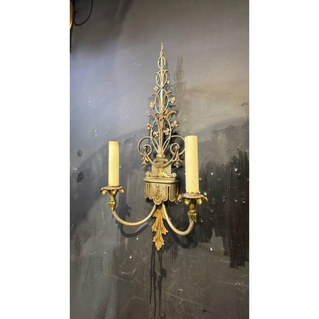 Circa 1920 Caldwell bronze and silver plated sconces with leaves design, 2 lights