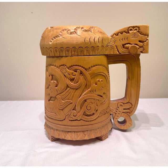 Folk Art Large Vintage Norwegian Hand-Carved Wooden Viking Dragon Tankard With Lid For Sale - Image 3 of 10