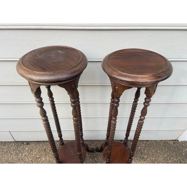 Coffee Early 20th Century Victorian Carved Mahogany or Walnut Plant Pedestal Stands Display Columns Torchieres With Turned Legs, a Pair For Sale - Image 8 of 12