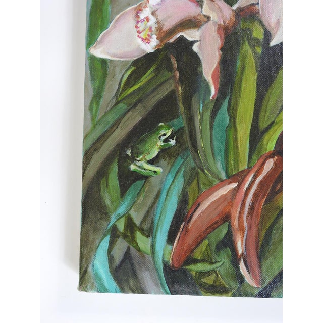 1992 oil on canvas painting of orchids and frog by Patricia M Hattan (20th/21st c.) American. Signed lower right corner....