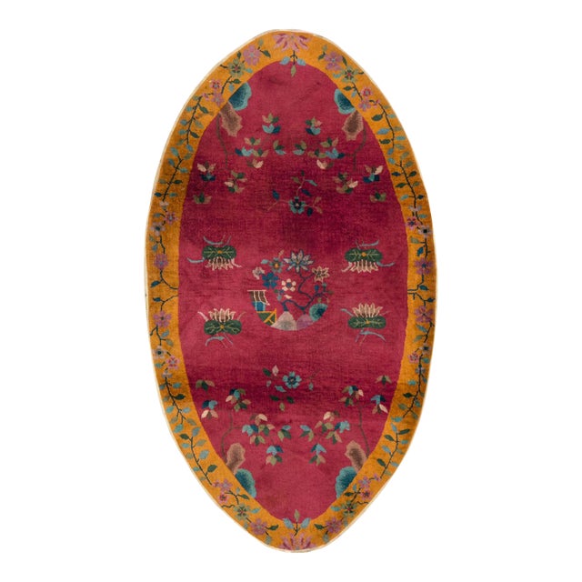 Galerie Shabab Collection Oval Mid-20th Century Handmade Chinese Art Deco Accent Rug in Red and Goldenrod For Sale