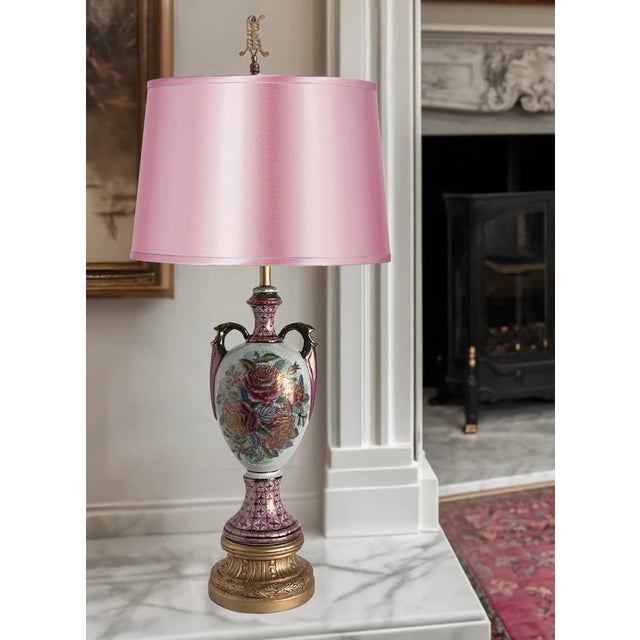 This Japanese Moriage style lamp features a beautiful light gray crackle-glaze finish adorned with hand-painted pink and...