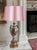 This Japanese Moriage style lamp features a beautiful light gray crackle-glaze finish adorned with hand-painted pink and...