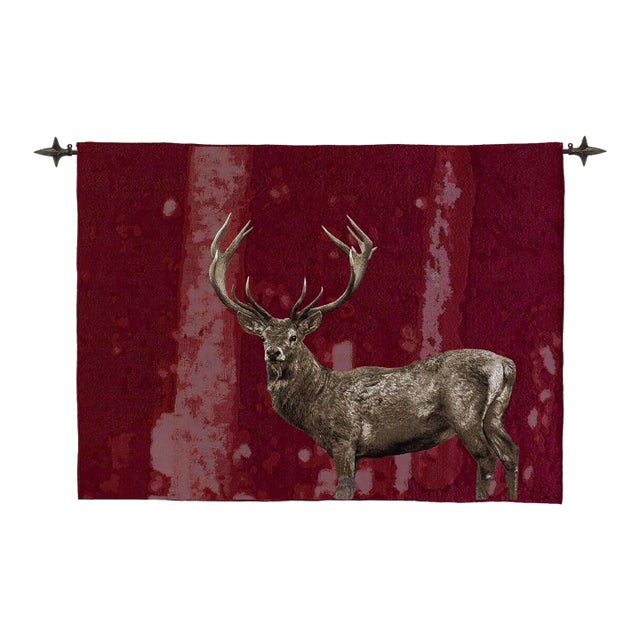 Stately Stag Red Loom Woven Tapestry - 105 X 145 Cm (3'5" X 4'9") - Requires Rod Size 4 For Sale