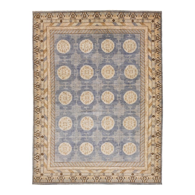 Hand-Knotted Modern Khotan Wool Rug Muted Blue and Sand Medallion Pattern For Sale