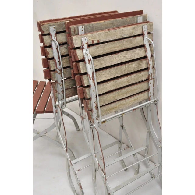 Brown Late 20th Century French Country Style Wood Slat Iron Frame Folding Garden Chairs - Set of 4 For Sale - Image 8 of 12