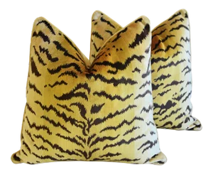 Scalamandre Le Tigre Tiger Silk Velvet Feather/Down Pillows 23" Square - Pair