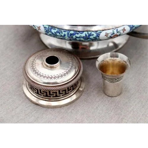 Silver and Porcelain Liqueur Bottle with Glasses, Set of 7 For Sale - Image 4 of 8