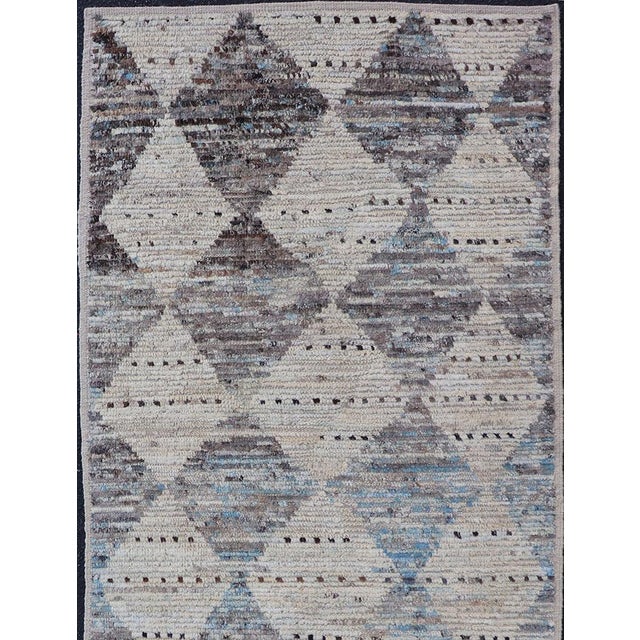 Modern Tribal Runner by Keivan Woven Arts Diamond Design in Cream and Blue 3'1 X 7'10 For Sale - Image 9 of 11