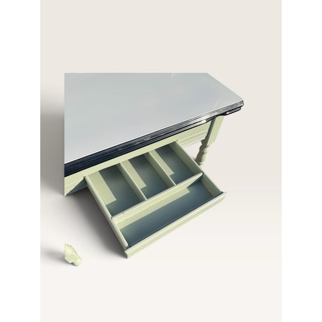White Vintage Porcelain Enamel Kitchen Table Pull Out Leaves Sage Green 40-62" For Sale - Image 8 of 10