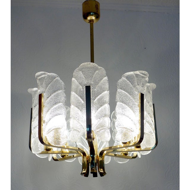 Scandinavian Brass and Ice Glass 8-Light Chandelier by Carl Fagerlund for JSB, 1960s For Sale - Image 9 of 12
