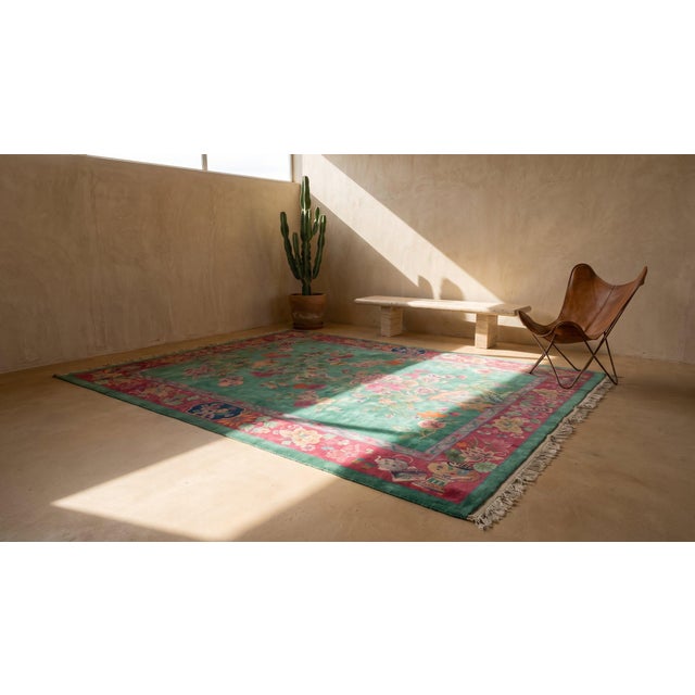 Early 20th Century 1920s Green Floral Minimalist Antique Chinese Art Deco Rug 8'10" X 11'4" Handknotted Wool Carpet For Sale - Image 5 of 7