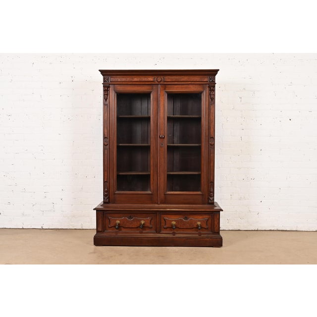 Herter Brothers Style Antique Eastlake Victorian Carved Walnut and Burl Wood Bookcase, Circa 1880s For Sale - Image 14 of 14
