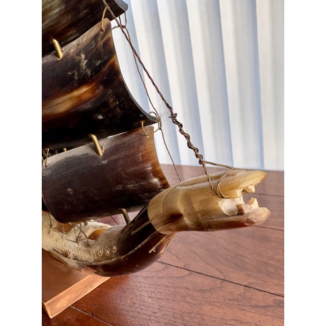 Large Vintage Carved Horn Ship Sculpture on Wooden Base For Sale - Image 9 of 12
