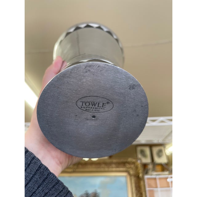 Black Vintage Towle Silversmiths Modernist Metal Vase With Black and Mother-of-Pearl Geometric Inlay For Sale - Image 8 of 9