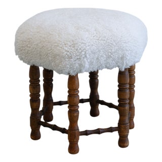 Vintage Danish Hexagonal Oak Stool with Lambswool, 1930s For Sale
