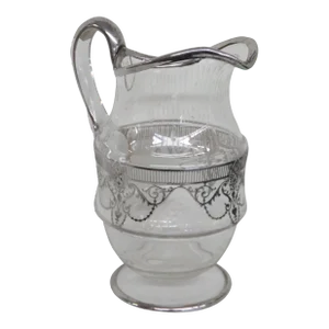 Etched Glass Silver Overlay Large Pitcher 4209b