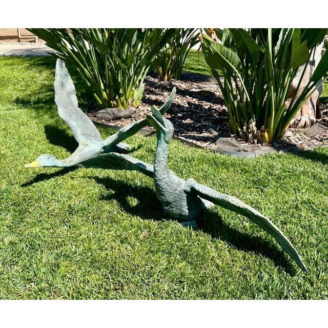 1920s Pair of Large Japanese Bronze Garden Duck Sculptures – Verdigris Patina, Life-Size Waterfowl Statues For Sale - Image 10 of 18