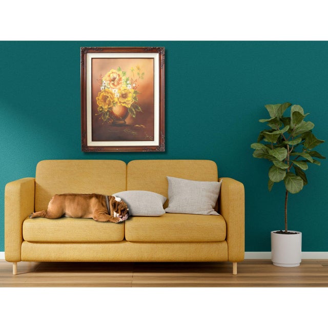 Elevate your decor with this vintage midcentury still life painting. Featuring a vase of flowers rendered in earthy tones,...