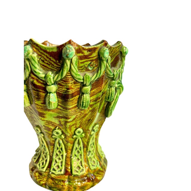 Pair Antique French Majolica Glazed Terracotta Jardinieres With Rope and Tassel Design For Sale - Image 17 of 17