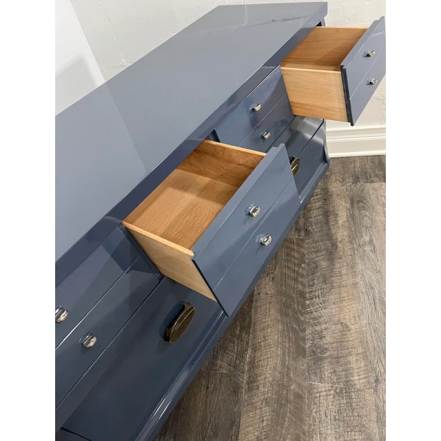 1970s Set of Two Blue Dressers Low and Tall Boy Custom Painted, High Gloss Lacquer Set, Refinished Modern Antique For Sale - Image 9 of 12