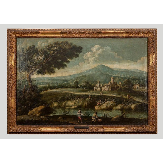 Unknown, Landscape with Figures, Original Oil on Canvas, 18th Century, Framed For Sale - Image 4 of 4